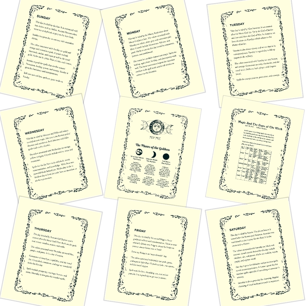 Magical Elements-Week Days- Goddesses Moon Phases 14 Pages For Book of Shadows